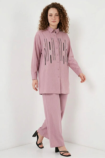 Şeker Portakalım Women's Shirt Collar Patterned Viscose Dusty Rose Double Set
