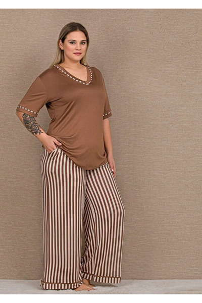 Yare Lady Pijama Kısa Kollu Büyük Beden Viskon Kumaş Cappicciono Pijama Takımı