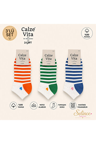 Calze Vita Women's Striped and Hearted Ruffle 3-Piece Socks Orange, Green, Blue