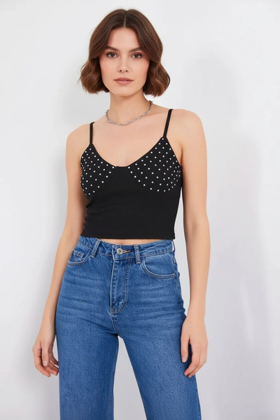 Şeker Portakalım Women's Strappy Dotted Pattern Cotton Black Crop Top