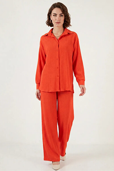 buğrahayalin Women's Shirt Collar Oversize Orange Two-Piece Set