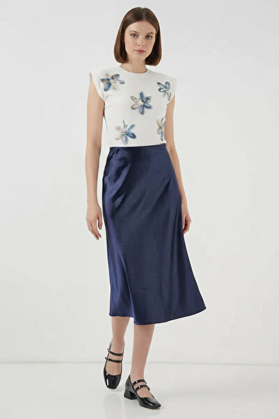 buğrahayalin Women's Shoulder Detailed Floral Patterned Satin Navy Blue Skirt