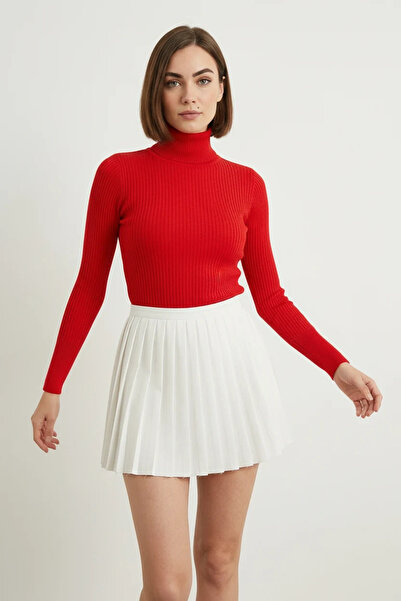 buğrahayalin Women's Turtleneck Plain Cut Knitwear Red Sweater