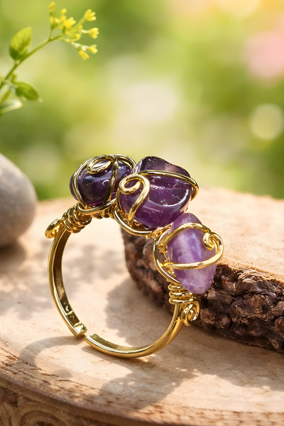 NBS Beautiful Naturel Stones Ametist Ring Adjustable Natural Stone Gold Color...