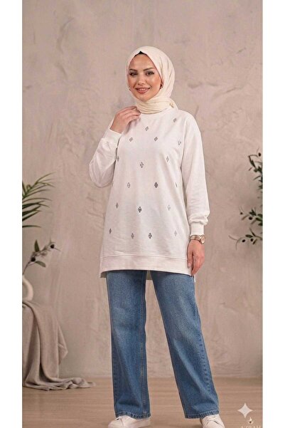 PEKA Women's Sequin Embroidered Crew Neck Sweatshirt with Side Slits - Tunic