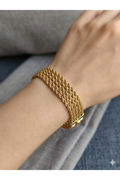 FOR YOU TAKI by Ezgi Women's Gold 6 Row Twisted Chain Straw Look Steel Bracelet