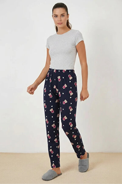 buğrahayalin Women's Elastic Waist Bear Patterned Navy Blue Pajama Bottoms