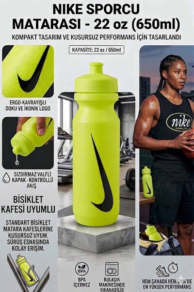 Nike Swoosh Yeşil Sporcu Suluğu 22 oz / 650 ml - Sıkılabilir Bisiklet, Gym, F...