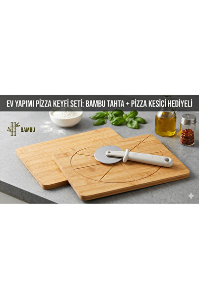 IKEA Bambu Sunum ve Pizza Dilimleme Tahtası + Orijinal Pizza Hamur Kesici Seti