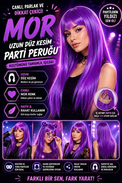 Tamsena Store Mor Uzun Düz Kesim Parti Peruğu Mor Renk Sentetik Takma Saç Kos...