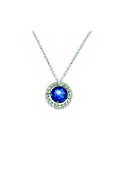 MetronGold Κολιέ Λευκόχρυσο κ14 Ροζέτα στρόγγυλη με Sapphire Blue L.C Metrongo