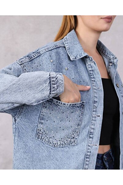 DOLCE QUEEN Kadın Taş Detaylı Oversize Denim Gömlek Ceket – Şık & Trend Stil ✨