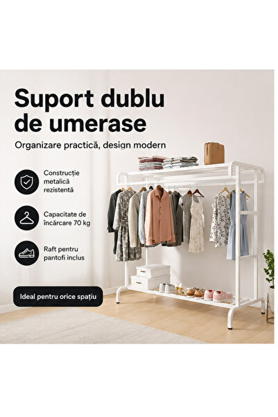 OEM Double metal hanger stand with shoe rack, 70kg, black and white