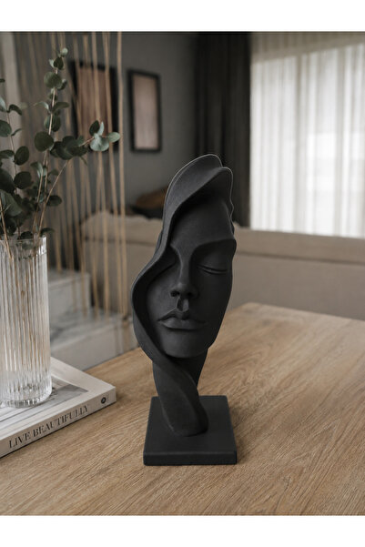 triora Mat Siyah Soyut Kadın Yüzü Dekoratif Biblo 28 cm – Modern Minimalist E...