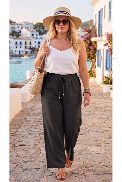 Modasultan Women's Plus Size Non-Ironing Elastic Waist Pocketed Wide Leg Anti...