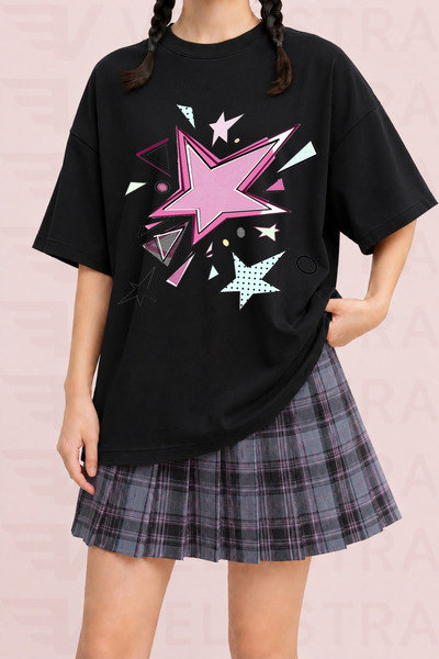 Velostra Tricou din bumbac pieptănat, cu imprimeu Retro Star, cu gâtul rotund...