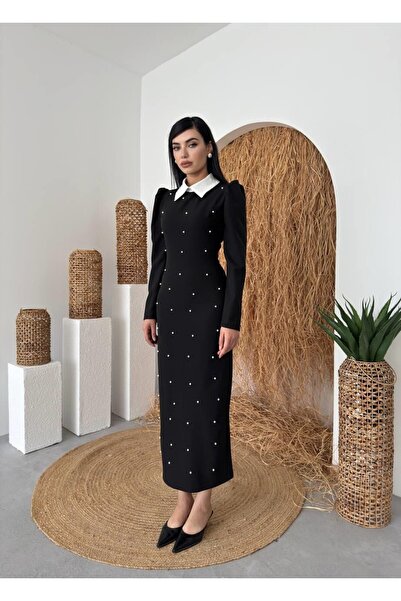 Caddebostan Moda فستان ميدي بأكمام طويلة وتفاصيل من اللؤلؤ على ياقة الطفلة
