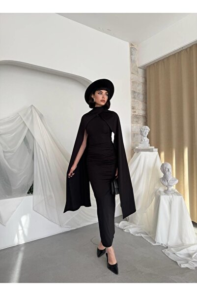 Caddebostan Moda High Collar Cape Draped Detail Midi Evening Dress