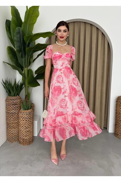Caddebostan Moda Square Neck Floral Chiffon Midi Dress Summer Dress with Ruff...