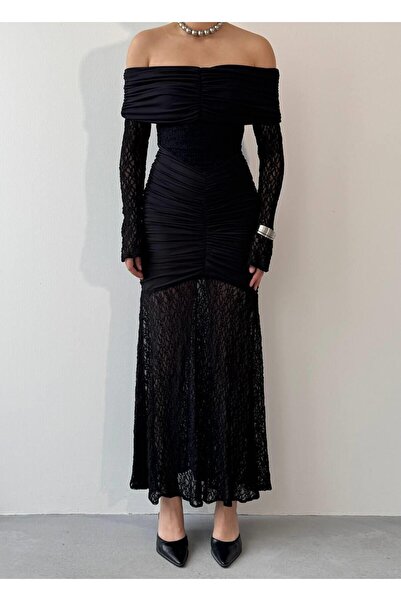 Caddebostan Moda Lace Detailed Long Sleeve Strapless Evening Dress