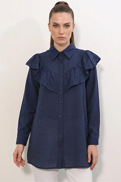buğrahayalin Women's Shirt Collar Ruffle Detailed Navy Blue Tunic