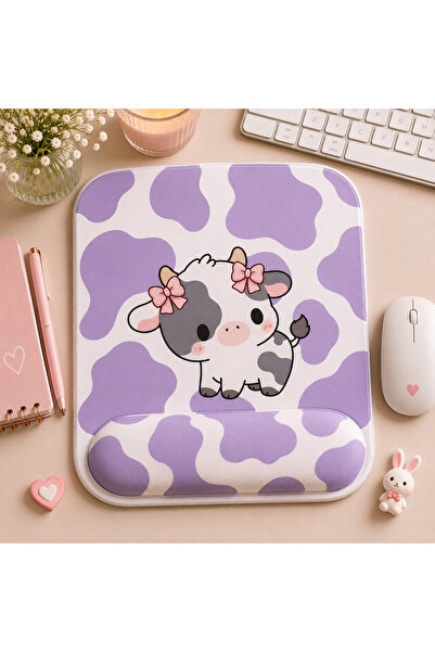 matizya Mor İnek Desenli Kare Bilek Destekli Mousepad 19x23 cm Ergonomik Kaym...
