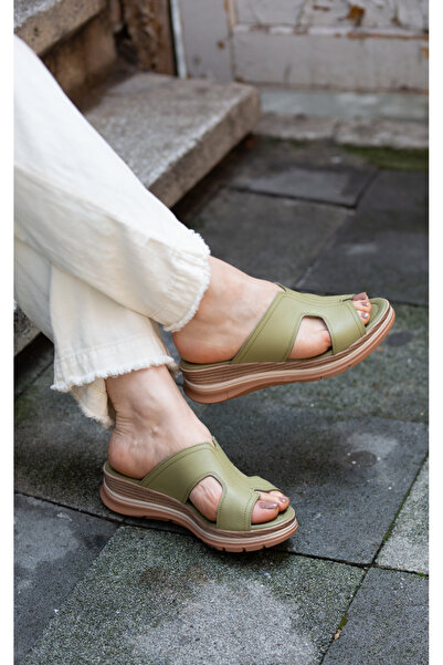 EREN SHOES BAG ENZ2565 Papuci de damă din piele naturală, verzi, moi, cu toc ...