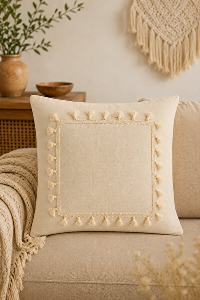 Morlay Natural Linen Tassel Throw Pillow Cover Bohemian Rustic Vintage Living...