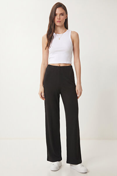 Lovelyİstanbul Wide Leg Ribbed Modal Trousers Lub0348 Black