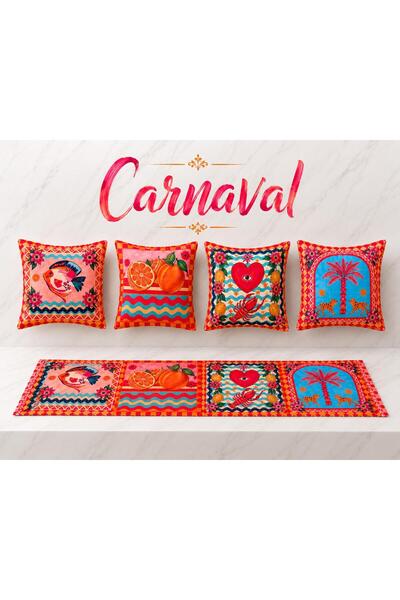 R-EYLA Carnaval 5 Parça Runner Seti Raşel Kadife Akdeniz Dekorasyon Takımı