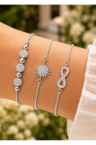 Merand Women's Silver Color 3-Piece Steel Bracelet Set with Zircon Stones, Ev...