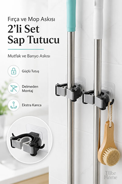 Tilbe Home 2li Yapışkanlı Fırça Mop Askısı Sap Tutucu Mutfak Banyo Duvar Askı...
