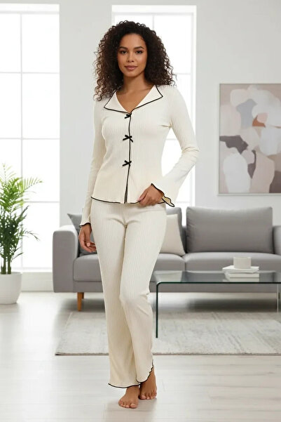 Beruflic Women's Ecru Ribbed Bow Detailed Stylish Pajama Set Premium Home Wear