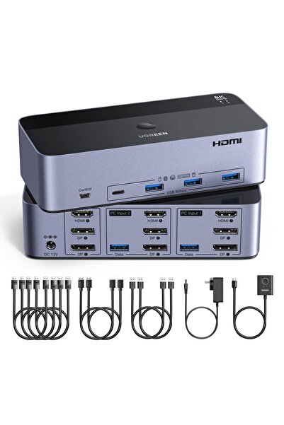 Ugreen HDMI + Displayport KVM Anahtarı 2 PC 3 Monitör 8K60Hz, 4 USB 3.0 Bağla...