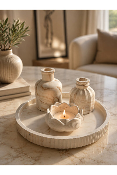 Sisay Home Mermer Desenli Dekoratif Tepsi Seti | El Yapımı Vazo ve Mumluk Set...