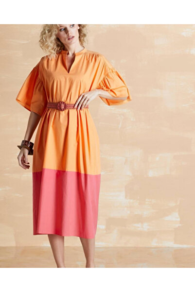 SERPİL Orange and Pink Colorblock Loose Cut Midi Dress