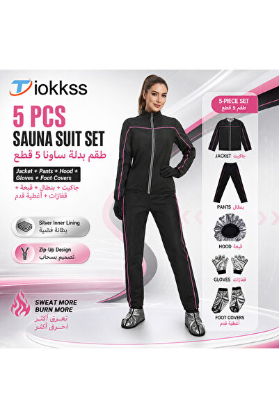 Tiokkss Women’s 5-Piece Sauna Suit Set, Black Zip-Up Workout Jacket & Pants w...