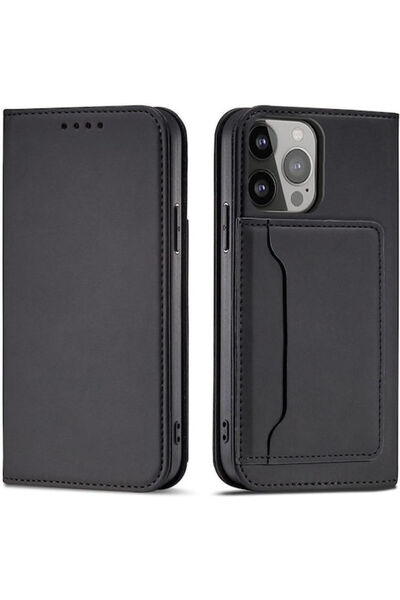 Hurtel Portofel magnetic pentru carduri din piele sintetică, negru (iPhone 14)