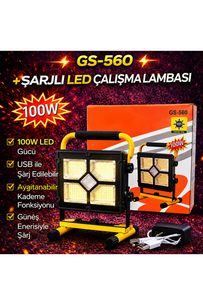 kialed 100W Güneş Enerjili LED Projektör Şarjlı Çalışma Lambası Type-C USB Şa...