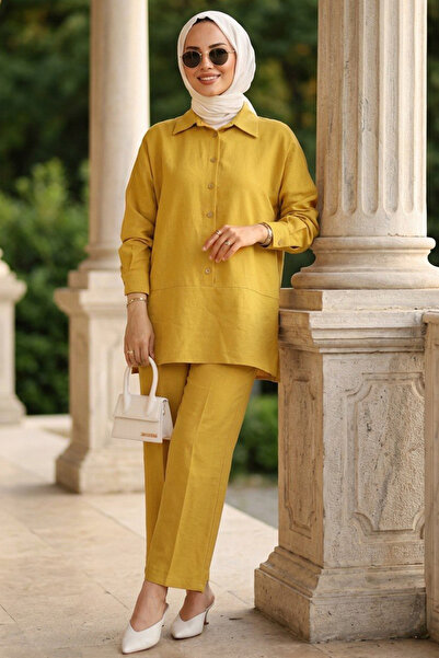 N.S NEVA STYLE طقم حجاب مزدوج بأزرار بلون الخردل 67751HR