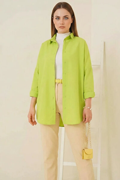 buğrahayalin Women's Oversize Basic Cotton Green Hijab Shirt