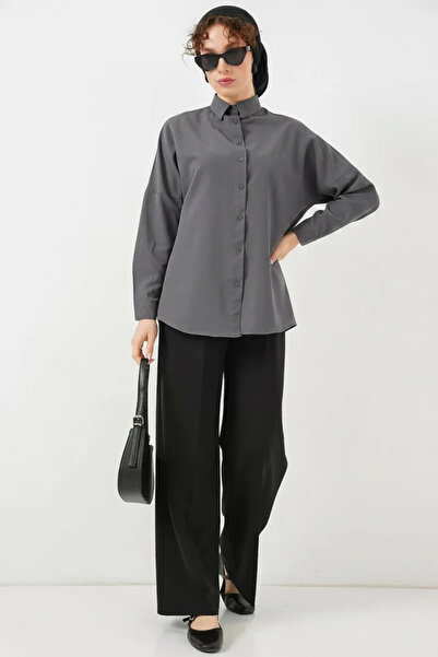 buğrahayalin Women's Oversize Basic Cotton Gray Hijab Shirt