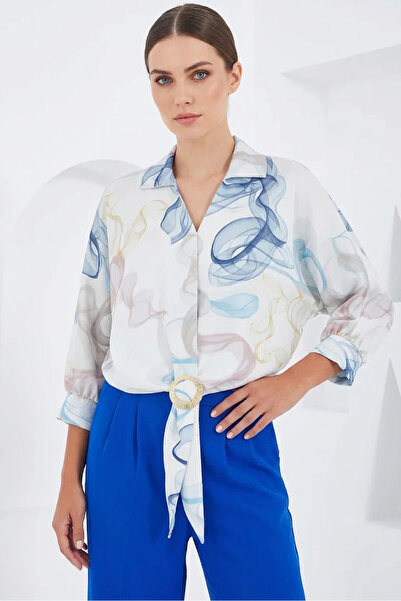 Generic Brand Women's Belted Oversize Patterned Satin Blue Shirt