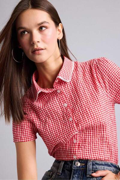 DeFacto Fitted Baby Collar Checkered Seersucker Textured Short Sleeve Shirt H...