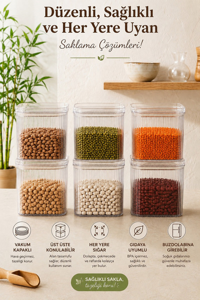 Kitchen Life 6'lı Büyük Boy Etiketli Vakumlu Dikdörtgen Kavanoz Seti 1,6 Litre