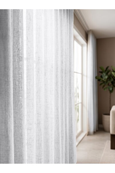 Demor Home Kırık Beyaz Keten Dokulu Gramajlı 1/3 Sık Pileli Ütü Gerektirmez T...