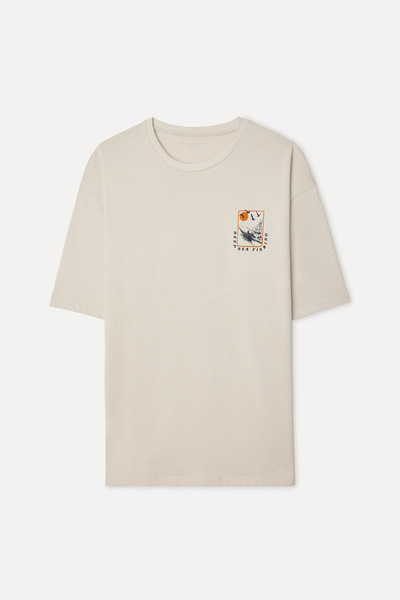 Mudo Men's Stone Color Printed Oversize Crew Neck T-Shirt