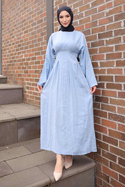 İmajButik Baby Blue Pencil Skirted Modal Woven Dress with Elastic Waist