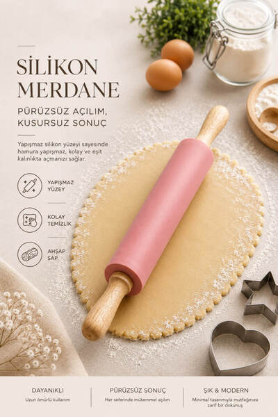 Anadolu Saray Silikon Merdane Yapışmaz Hamur Açma Rulosu Ahşap Saplı Pasta Bö...