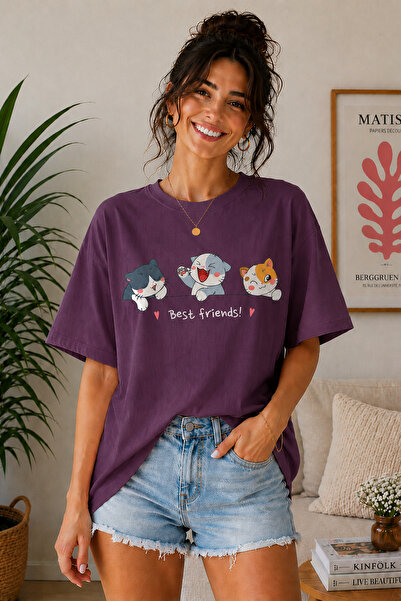 ArtYus Tricou oversize unisex cu imprimeu Best Friends Cat – Tricou casual di...